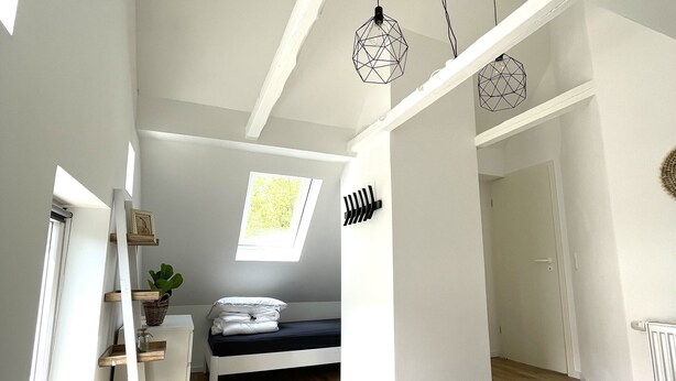 Un dormitorio con cama estilo altillo, un tragaluz, una mesita de noche con una planta y una lámpara colgante.