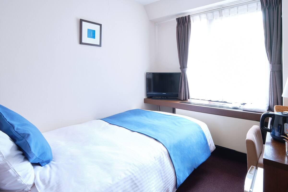 A hotel room with a bed, a desk with a television, and a window with curtains.