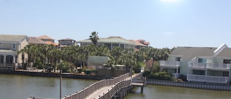 A waterfront property with a wooden pier leading to a dock, surrounded by residential buildings and palm trees.