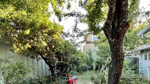 Un chemin de pierres mène à une chaise et une table rouges dans un jardin agrémenté d’arbres et d’une clôture.