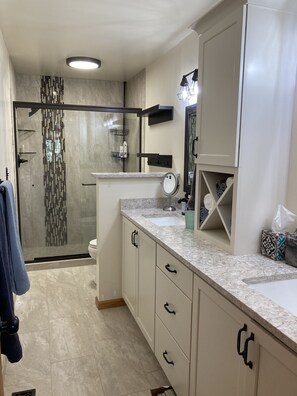 Combined shower/tub, hair dryer, bidet, towels