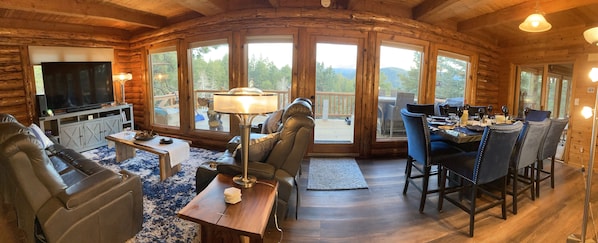 Smart TV, fireplace, books, stereo