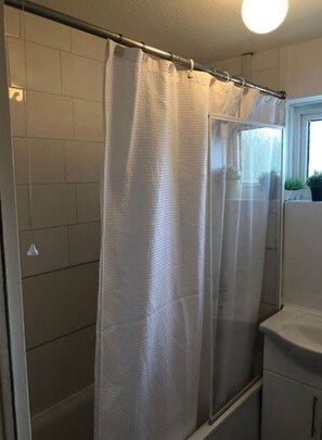 Combined shower/tub, hair dryer