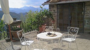 Un patio exterior con una mesa redonda y cuatro sillas, rodeado de plantas en macetas y vistas a montañas.