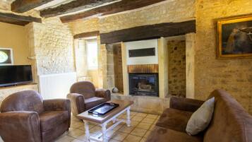 Télévision, cheminée, table de tennis de table