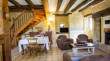 Télévision, cheminée, table de tennis de table