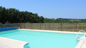 Ein rechteckiger Pool mit Holzzaun und einer blauen Rutsche.