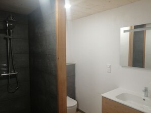 Chuveiro, secador de cabelo, toalhas de banho, sabonete