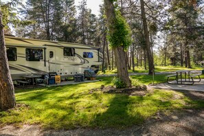 A recreational vehicle (RV) parked in a campground surrounded by trees.