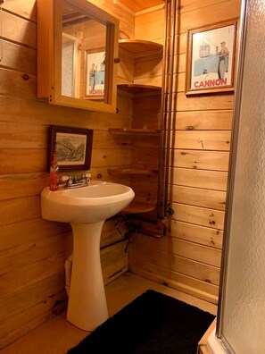 A wooden bathroom with a white sink, a framed picture above the mirror, and a poster on the wall.