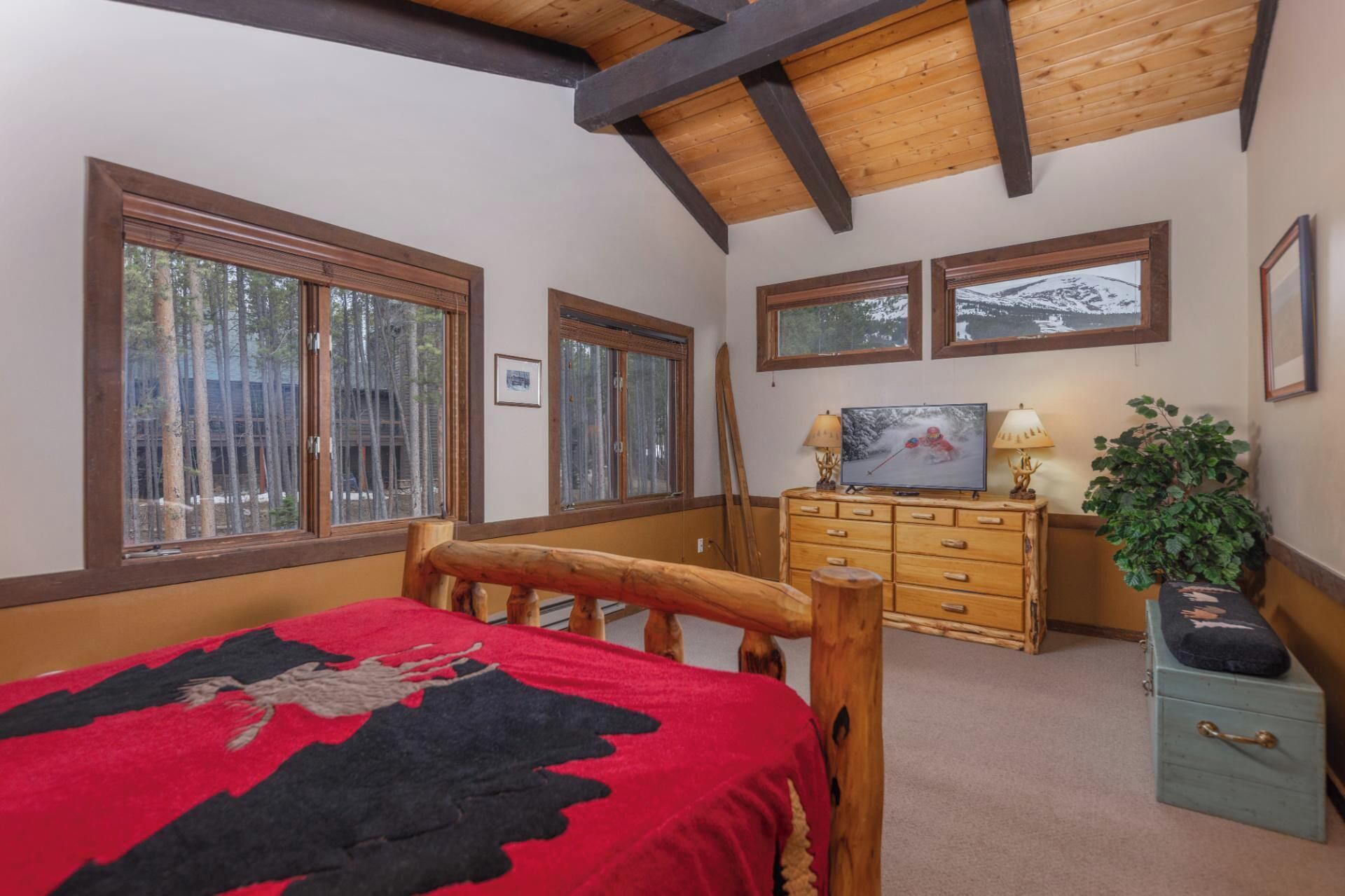 Une chambre à coucher avec un lit, une commode, une télévision et de grandes fenêtres.