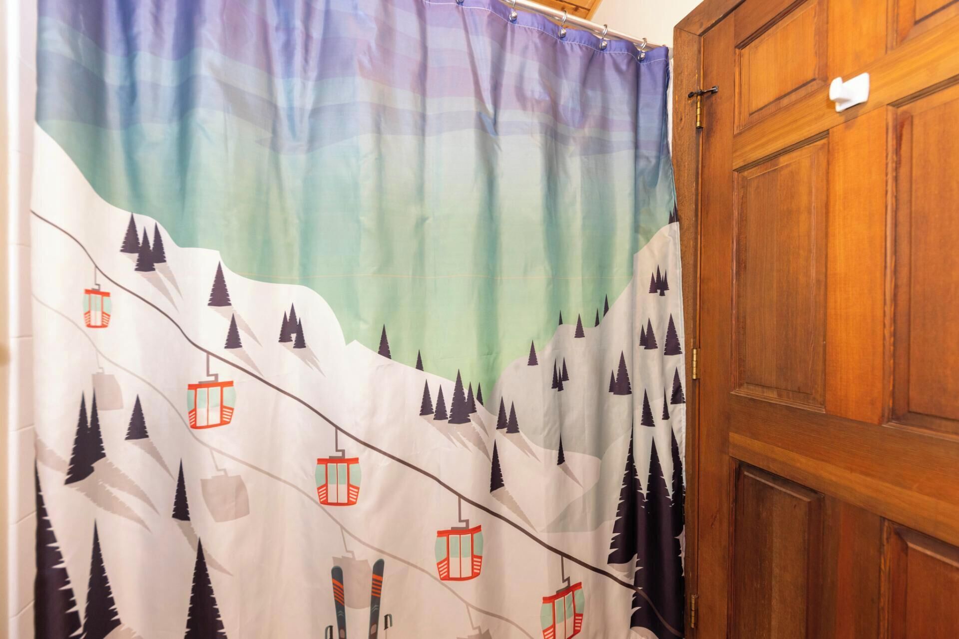 A bathroom with a wooden door, a shower curtain with a mountain and ski lift design.