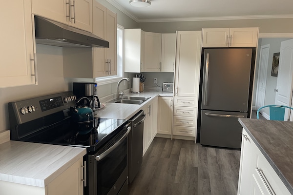 Een koelkast, een magnetron, een oven, een kookplaat