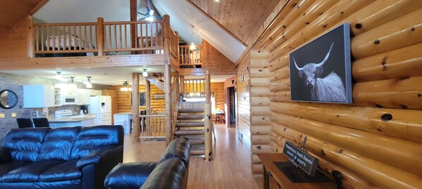 TV connect�ée, cheminée, baby-foot, livres