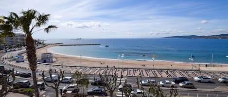 On the beach, sun loungers