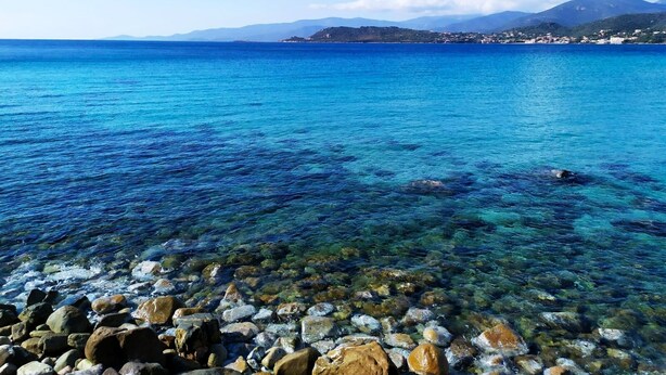 A coastal view with clear blue water, rocky shoreline, and distant mountains. - Duplex en Bord de mer Dans Residence Avec Piscine (CALCATOGGIO)
