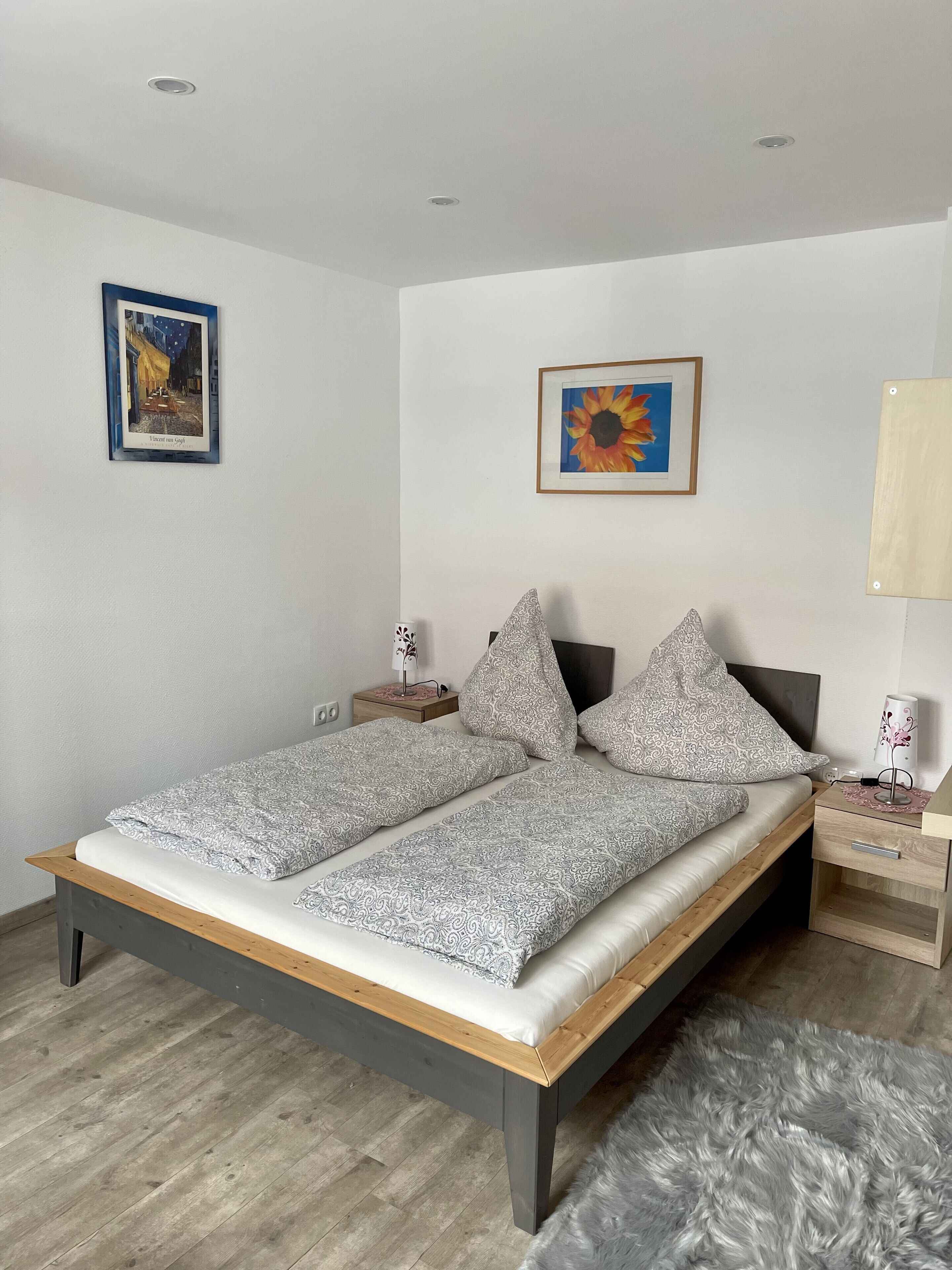 Un lit double avec une literie à motifs, une table de chevet avec une lampe et deux tableaux encadrés au mur.