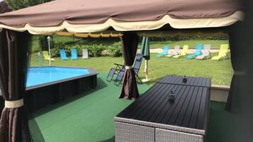 A covered outdoor area with a pool, lounge chairs, and a table.