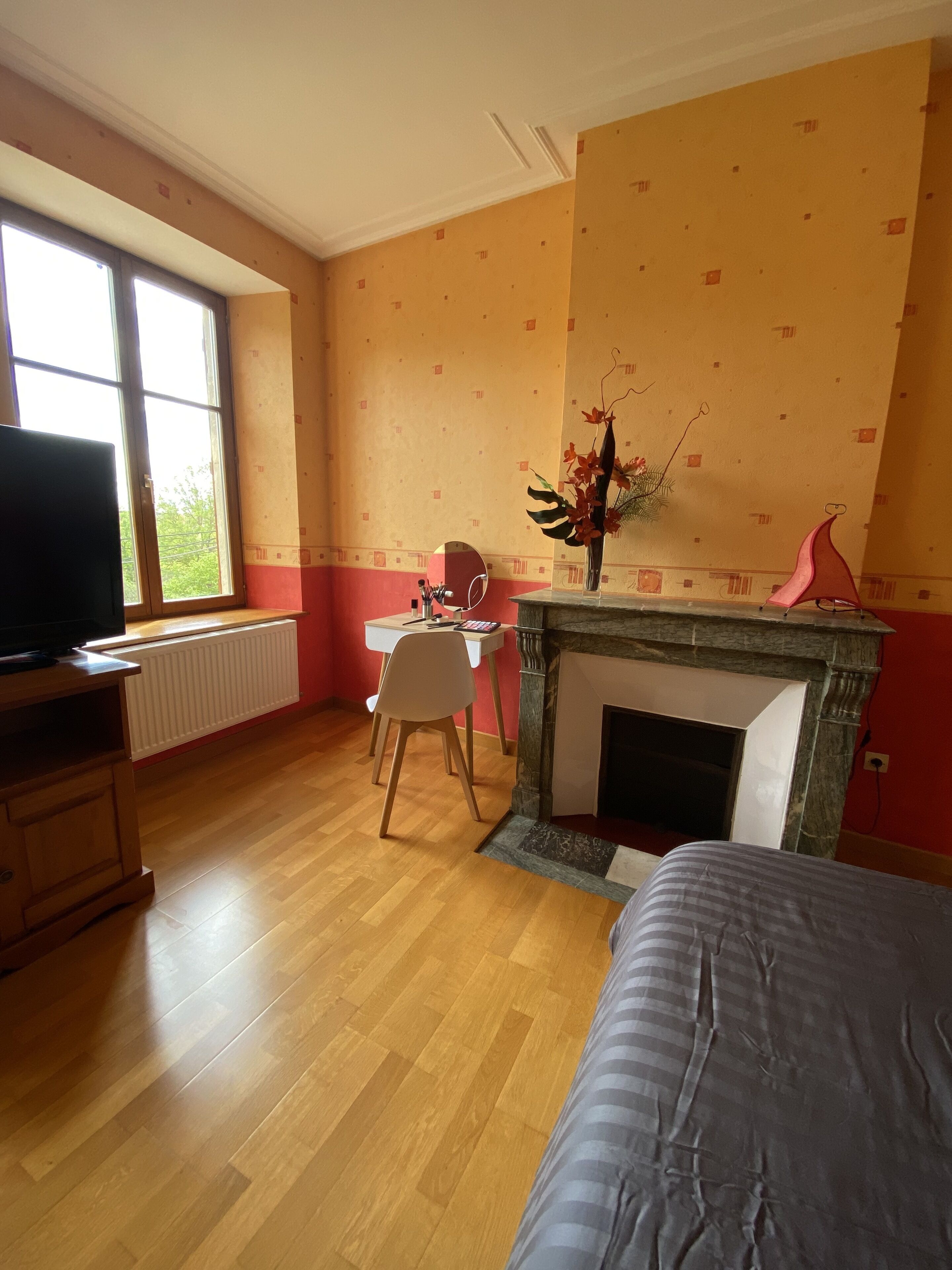 A room with a wooden floor, a television on a wooden cabinet, a desk with a chair, a fireplace, and a window with a view of greenery.