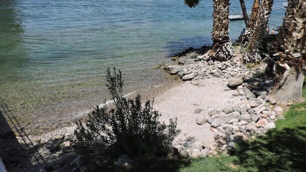 Une vue sur le lac, avec une rive rocheuse, un petit buisson et un palmier.