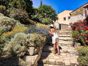 A stone pathway leading to a rustic building with a stone wall and a garden with various plants and flowers.