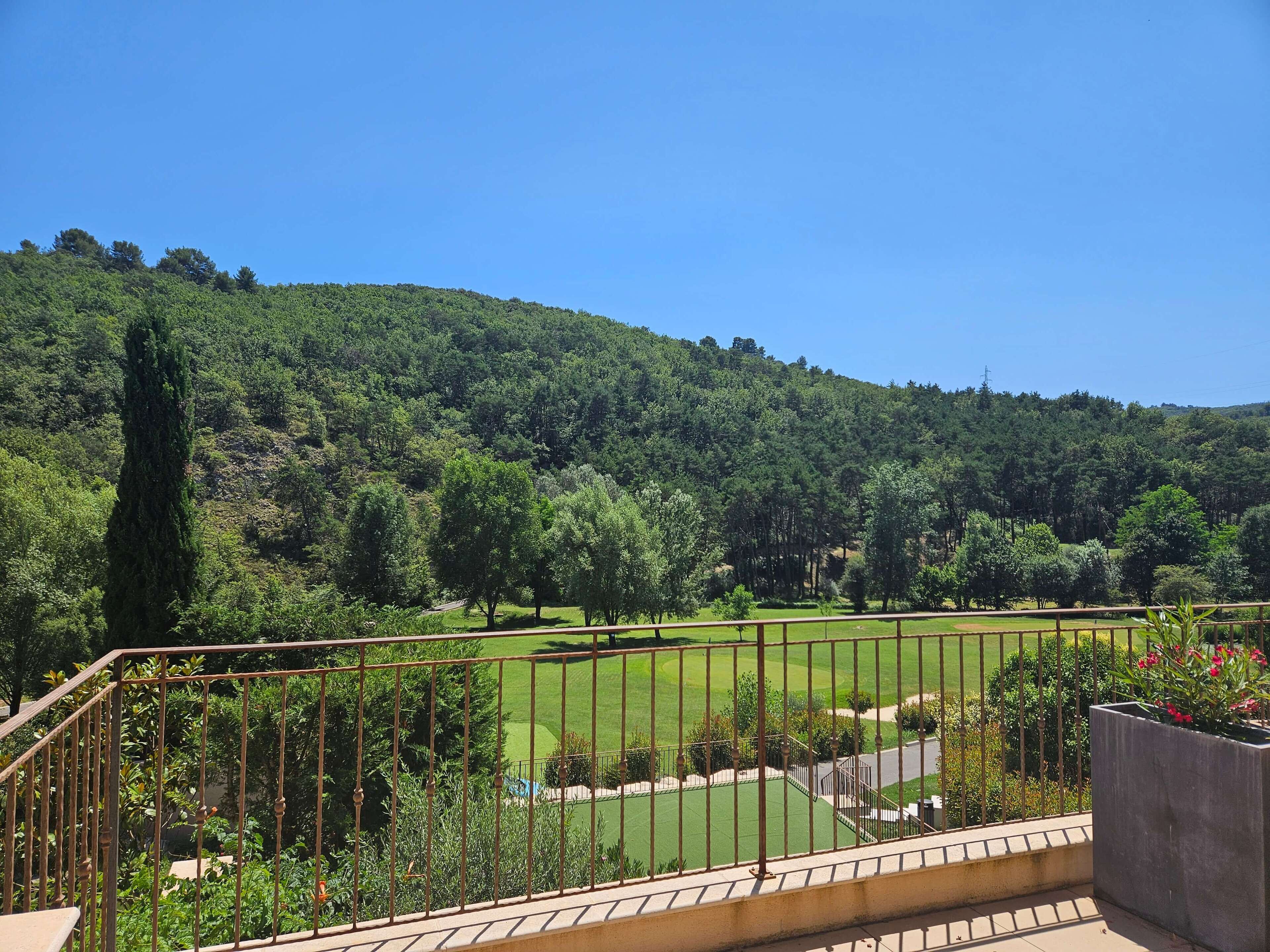 Ein Balkon mit Blick auf eine grüne Wiese und einen bewaldeten Hügel.