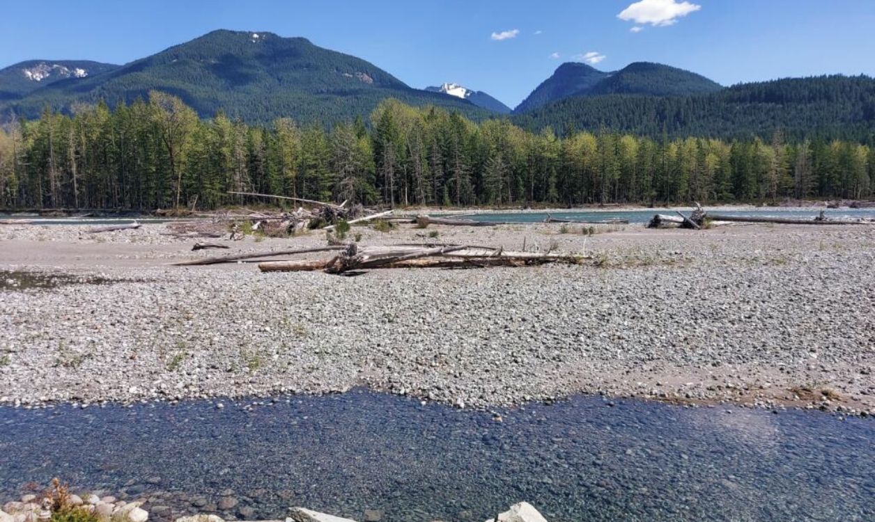 A riverbank with a rocky terrain, a forested mountain range in the background, and a clear sky.
