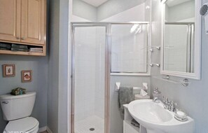 Shower, jetted bath, hair dryer, towels
