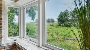 Una habitación con un ventanal grande que da a un campo cubierto de hierba y árboles. Hay un florero de vidrio transparente en el alféizar.