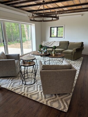 Smart TV, fireplace, books