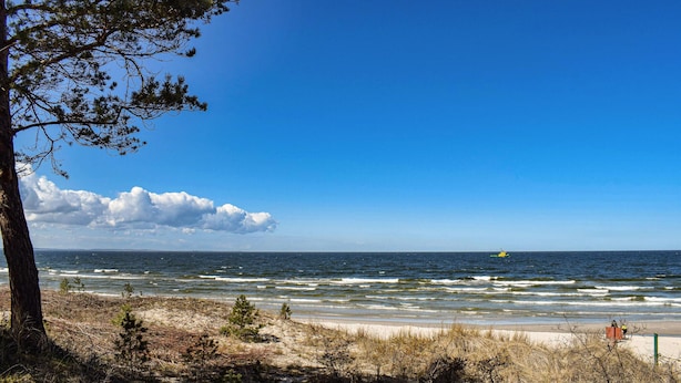 A beach with waves, a clear sky, and a distant yellow boat.