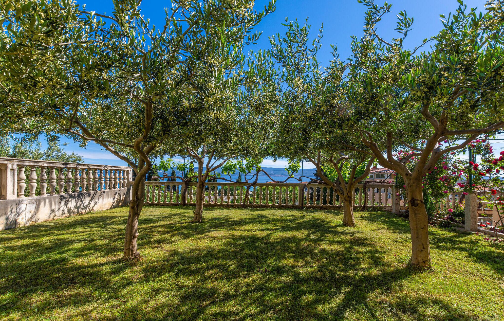 Ein Garten mit Steinbalustrade, Bäumen und Meerblick.