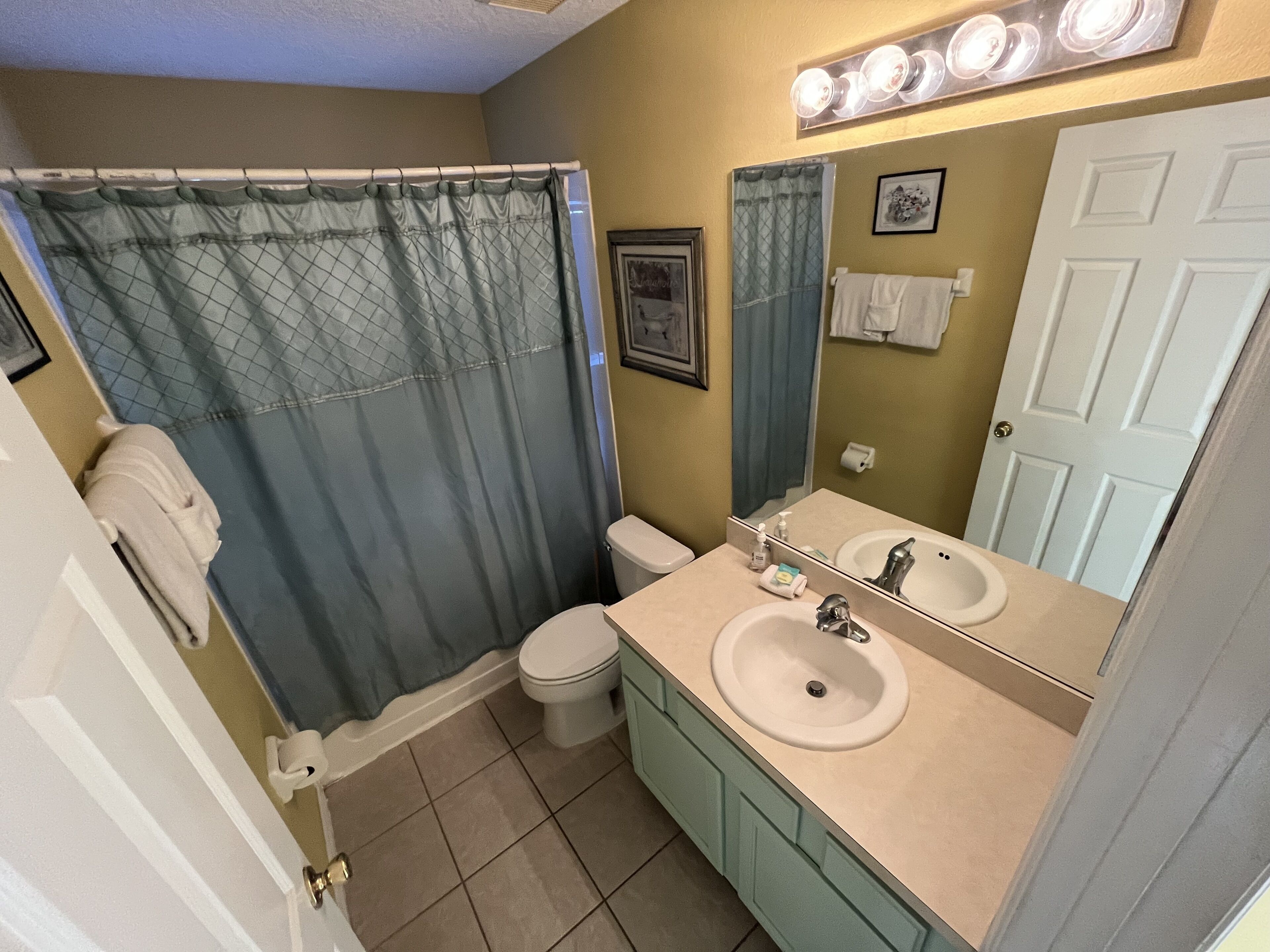 A bathroom with a shower curtain, toilet, sink, and mirror.