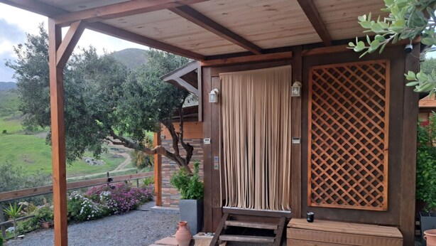 Un espace extérieur abrité doté d’une structure en bois, offrant une vue sur un paysage verdoyant et agrémenté d’un treillage.