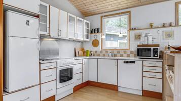 Fridge, stovetop, dishwasher, coffee/tea maker