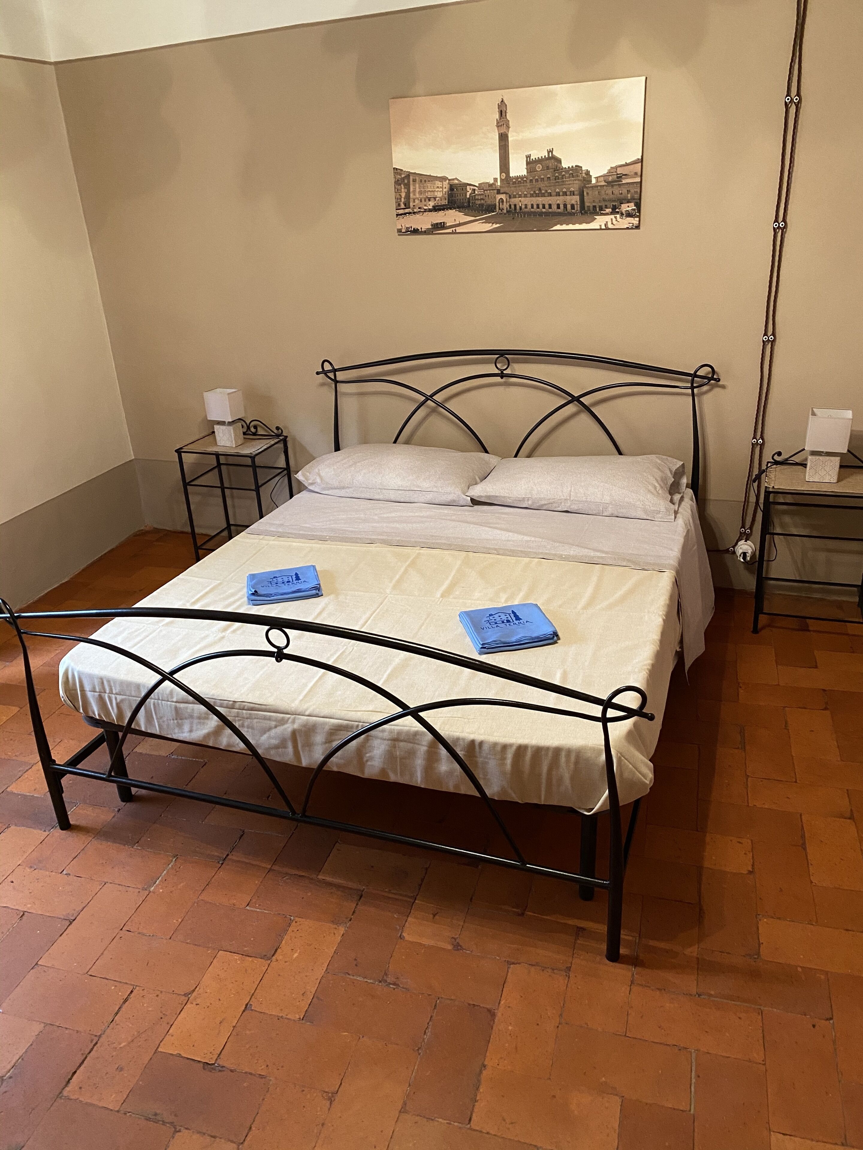 Una cama con estructura metálica, un colchón blanco y dos almohadas. Hay una mesita de noche con una lámpara y un cuadro en la pared sobre la cama.
