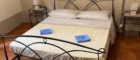 Una cama con estructura metálica, un colchón blanco y dos almohadas. Hay una mesita de noche con una lámpara y un cuadro en la pared sobre la cama.