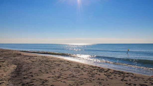 Una playa con huellas que conducen al agua, cielo despejado y un sol brillante.