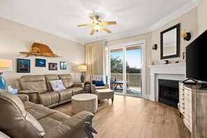 Smart TV, fireplace, DVD player, books