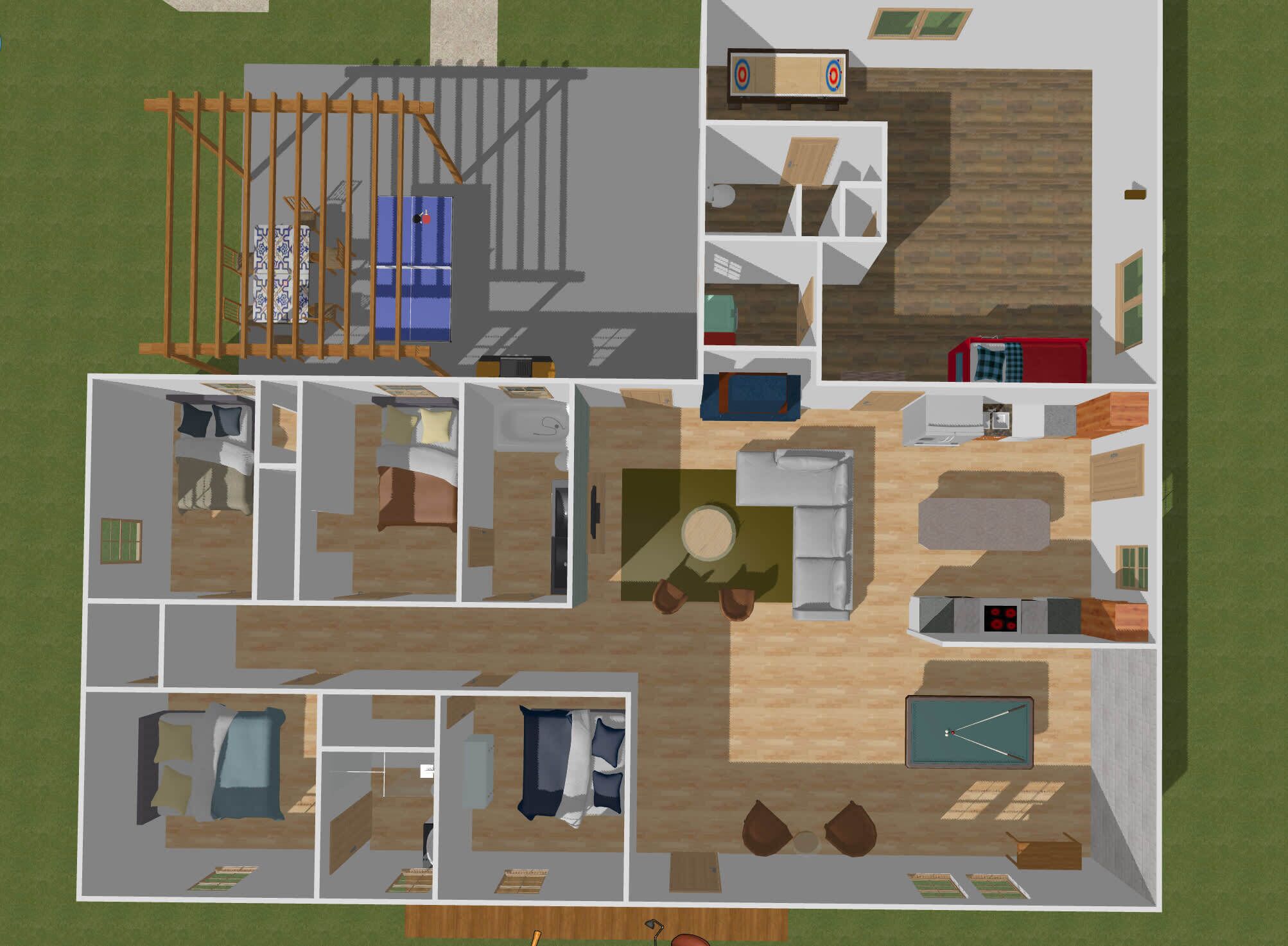 Un plan d’étage d’un hôtel comprenant plusieurs chambres, une cuisine, un coin repas et un petit espace extérieur aménagé pour s’asseoir.