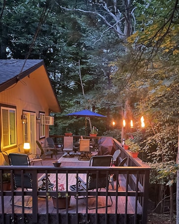Terrace/patio. Perfect Poconos Retreat, .5 miles -Beach & Pool, Huge Game Room, Pet Friendly!