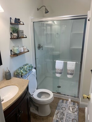 Combined shower/bathtub, towels, soap, toilet paper