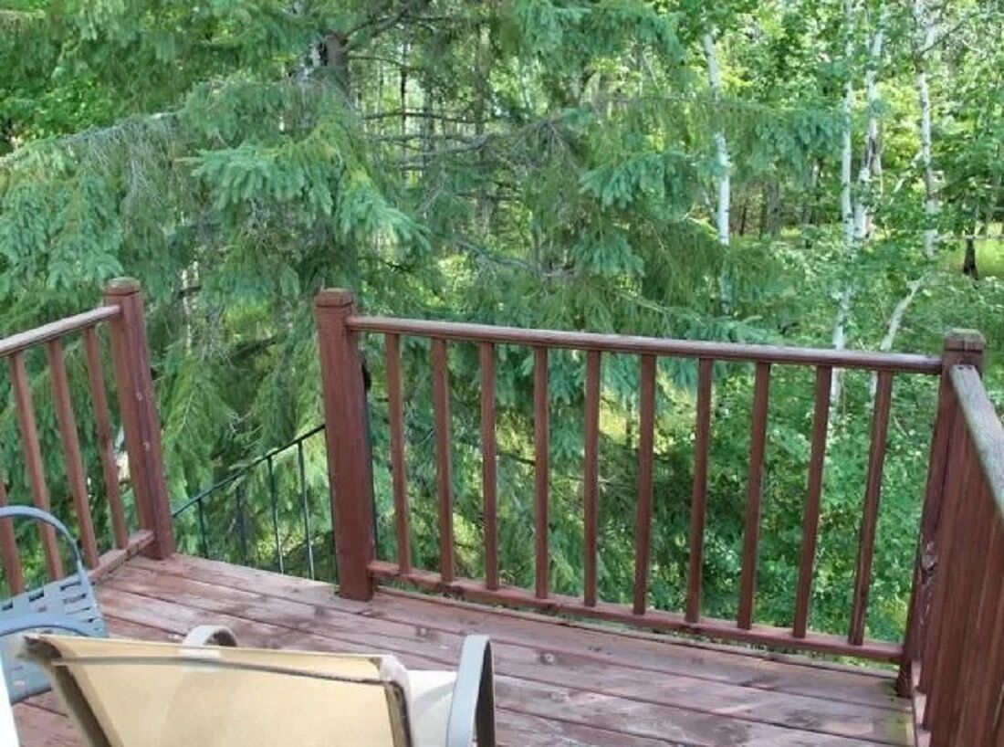 A wooden deck with a metal railing, surrounded by dense green foliage.