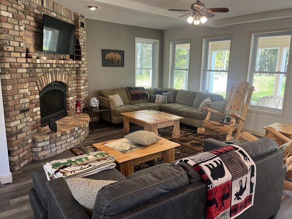 Smart TV, fireplace, video games, DVD player