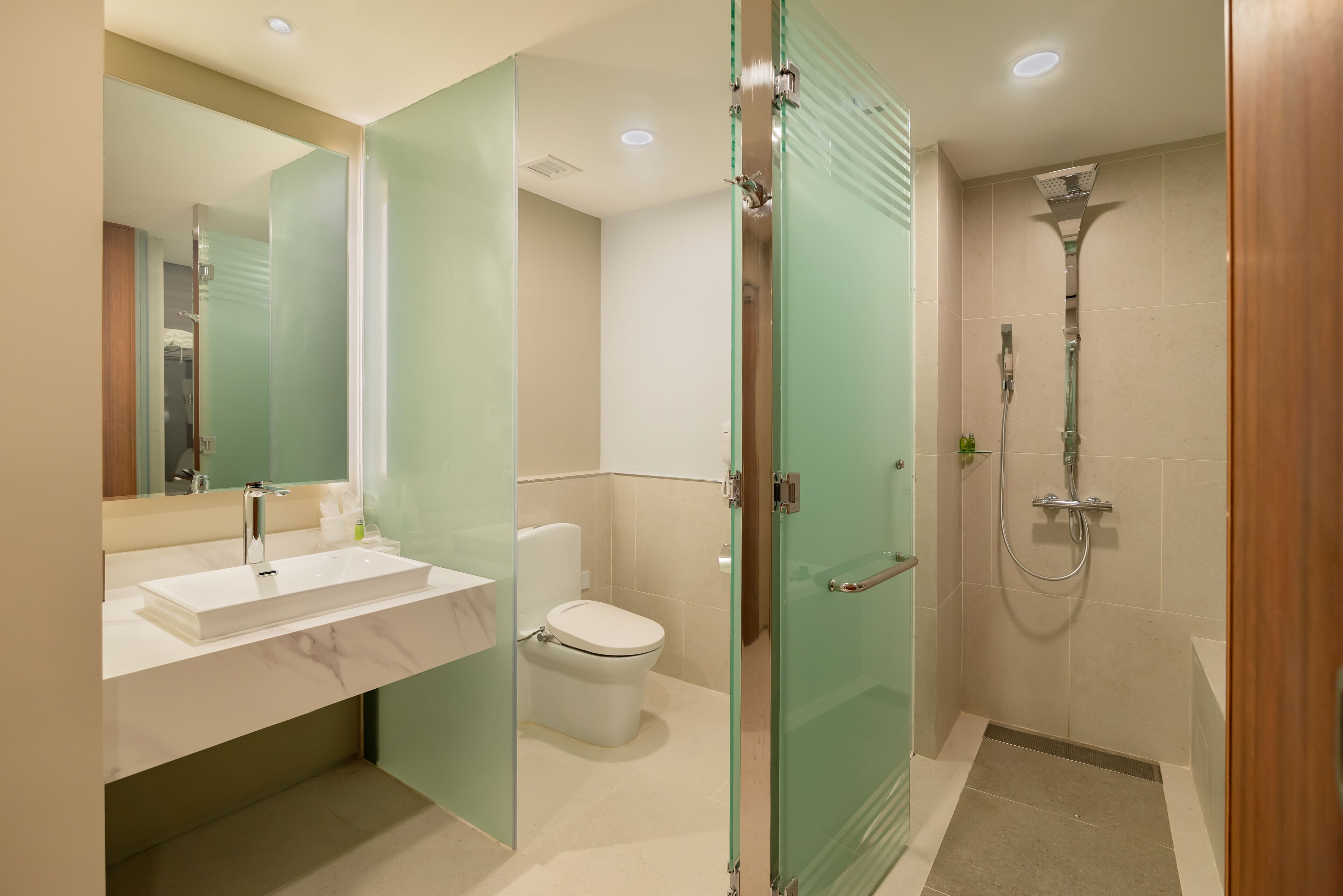 A modern bathroom with a glass-enclosed shower, a white sink, and a toilet.