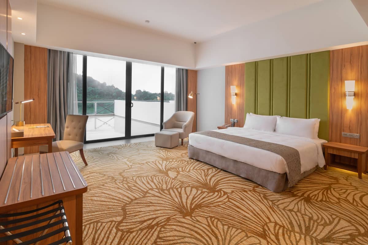 A hotel room with a large bed, a desk, a chair, a TV, and a balcony with a view of the outdoors.