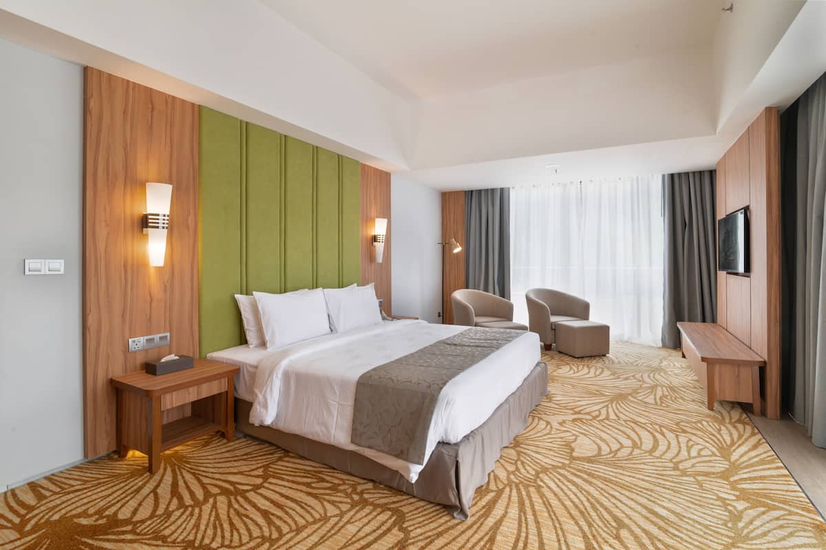 A hotel room with a large bed, a desk, a chair, and a TV.