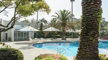 A swimming pool with lounge chairs and umbrellas, surrounded by palm trees and a building with glass doors.