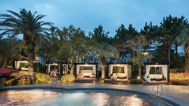 Zona junto a la piscina con jacuzzi y pileta, rodeada de palmeras y jardín.