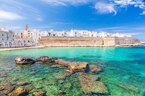 Explore a historic coastal town with a fortification wall and pristine turquoise waters, perfect for relaxation and sunbathing.